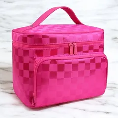 【ピンク】大容量 バニティポーチ 化粧ポーチ メイクボックス 収納 旅行 持ち運び便利 チェック柄 6色展開 収納力抜群 おしゃれ 人気 おしゃれ 人気 レディース かわいい