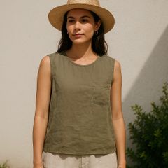 【体型カバー×抜け感👌】アナザーエディション＊前後差トップス＊ノースリーブカットソー＊カジュアル＊カーキ＊ゆったり涼しげ＊フリーサイズ🎐