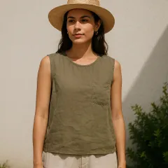 最終値下げ！【体型カバー×抜け感👌】アナザーエディション＊前後差トップス＊ノースリーブカットソー＊カジュアル＊カーキ＊ゆったり涼しげ＊フリーサイズ🎐