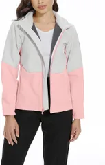 BOOSTIFY ブランドナイロンジウェアャケット アウターレディーススポーツフードウインドブレーカー パーカー 薄手 撥水 軽量 登山ウェア(白とピンク,  M)