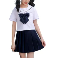 新品 [DERAYEE] セーラー服 コスプレ 女子高生 3点セット 制服スカート 学生服 仮装 JK スカート ストッキング 白 紺い 学園祭 衣装 蝶結び かわいい