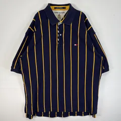古着 90's/90年代 トミーヒルフィガー TOMMY HILFIGER 半袖 ポロシャツ ロゴ 刺繍 大きいサイズ 2ボタン XL  ネイビー ストライプ メンズ
