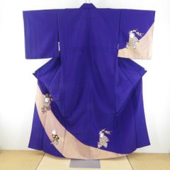 付下げ 単衣 ポリエステル 濃い紫色ｘ金色 童子紋様 踊り用 ステージ用 舞台用 バチ衿 仕立て上がり 身丈158cm