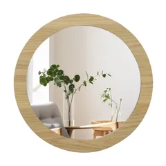 【数量限定】天然木フレーム 丸鏡 ウォールミラー 円形ミラー 丸型ミラー 飛散防止 壁掛け鏡 洗面 鏡 玄関 木製 化粧 壁掛けミラー (ナチュラル Browgrow 直径40cm)