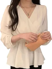 WEARBIE ウェアビー カシュクール へプラム リボン ブラウス 長袖 シャツ シャーリング キレイめ レディース 薄手 トップス サラサラ ロングシャツ 高見え パフショルダー クロスデザイン バックリボン 可愛い(ホワイト,  M)
