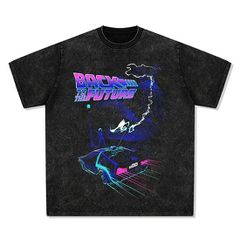 メンズ レディース半袖Tシャツ 映画Tシャツ Back To The FUTURE バックトゥザフューチャー 色落ち加工 ブラック　XLサイズ