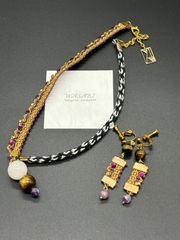 1点もの）ラタンとレースボタンのキュートな刺繍糸の紐