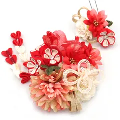 髪飾り ２点セット 赤 つまみ細工 成人式 花 和風 浴衣 着物 振袖 袴 和装 ドレス 七五三 子供 結婚式 お呼ばれ 卒業式 入学式 日本製 大きめ 髪留め ヘアアクセサリー ヘアコーム 送料無料 アカ W 80 324-380 u950　Si