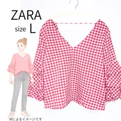 ZARA　ギンガムチェック　L　袖フリル　バルーン　ピンク