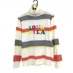 【超美品】フィラゴルフ タートルネックセーター 白×オレンジ ボーダー スパンコール ウール混 レディース LL ゴルフウェア FILA GOLF