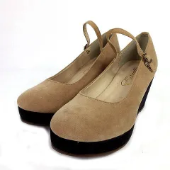 エストレイラ Estrella パンプス 厚底 ウェッジソール スウェード調 ストラップ ベージュ ブラック 黒 S