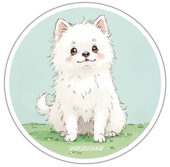 送料無料「ポメラニアン　にっこり🎵イラスト　丸型ステッカー」（約６０ｍｍ×約６０ｍｍ）