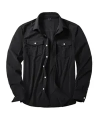 Size:2XL_Color:ブラック [KEFITEVD] コーデュロイシャツ メンズ 長袖 ゆったり ボタンアップシャツ ポリエステル ジャケットシャツ カジュアル カーゴシャツ 胸ポケット トップス 無地 春物 ブラック 2XL