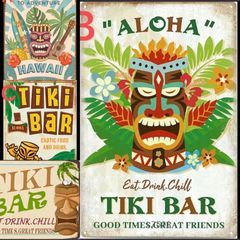 海外製品 アンティーク風 ブリキ看板 Tiki Bar Hawaii A4版 4種類