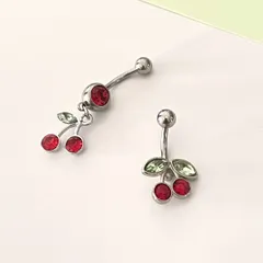41：へそピアス 【さくらんぼ】 ボディピアス へそピアス サクランボ チェリー バナナバーベル カーブバーベル 14G イヤーロブ 耳たぶ