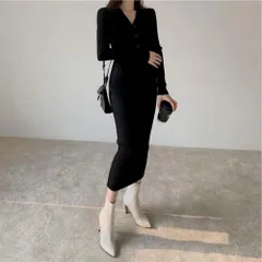 ☆ ブラック ☆ リブニットワンピース タイトワンピース  ニットワンピース 長袖 ロング ワンピース ニットワンピ タイトワンピース リブニットワンピ vネック タイト きれいめ フェミニン おしゃれ オシャレ シンプル カジュアル 長袖ワンピ レディース