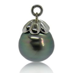 ブラックパール 約13.5mm ペンダントトップ 黒真珠 ドロップ型 K18WG 黒蝶真珠 TOP バロック ジュエリー【中古】
