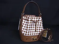 ■極美品■ MICHAEL KORS マイケルコース レザー 編み込み 巾着 ハンドバッグ ショルダー 肩掛け ブラウン系×ホワイト系 BJ9401