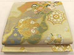 高級 袋帯 正絹 六通柄 唐織 花紋 グリーン 訪問着 色無地 留袖 金糸