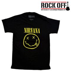 ロックオフ Tシャツ 半袖 ニルヴァーナ スマイル 黒 ROCK OFF NIRVANA YELLOW HAPPY FACE ブラック イエロー プリントTシャツ