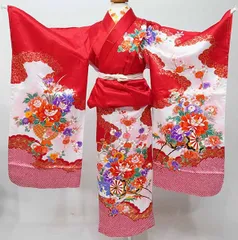 七歳 7歳 7才 七才 女児 着物と長襦袢セット 仕立て上がり 赤色 花車 日本製 刺繍入り半襟縫い付け済み NO41029