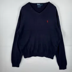 古着 ポロバイラルフローレン Polo by Ralph Lauren 長袖 ニット Ｖネック セーター ワンポイント 刺繍 コットン XL  ネイビー 無地 メンズ