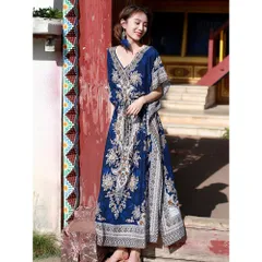 ☆ ネイビー ☆ 春夏 レディース ワンピース リゾート ワンピース 半袖 ロングワンピース ワンピ レディース おしゃれ  オシャレ 春 夏 綿 コットン Vネック マキシ丈 膝下 ウエスト紐 サイドスリット 柄 総柄 ドレス きれいめ カジュアル