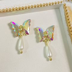 高品質 オーロラ ガラスストーン ちょうちょ パーツ パール付き ２個 セット