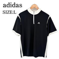 adidas CLIMACOOL ハーフジップ 半袖 ポロシャツ L ブラック 襟付きシャツ アディダス クライマクール ゴルフウェア メンズ 古着 大きいサイズ 大きめ