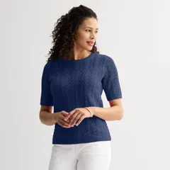 【送料無料】 クロフト＆バロー レディース ニット・セーター アウター Women's Croft & Barrow Pointelle Cable Yoke Short Sleeve Pullover Top Felix Navy