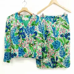 ハナエモリ HANAE MORI シルク 総柄 スカート スーツ セットアップ 金ボタン ノーカラー ジャケット レトロ ヴィンテージ 美品 42 グリーン系のサムネイル