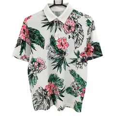 【美品】アンダーアーマー 半袖ポロシャツ 白×グリーン×蛍光ピンク 総柄 ハイビスカス メンズ SM ゴルフウェア UNDER ARMOUR