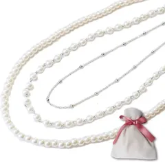 masamilk ロングネックレス 3連 ポーチ付き イミテーションパール 結婚式 パーティ フォーマル(シルバー,  フリーサイズ)