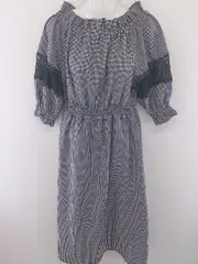 ◇ one after another NICE CLAUP チェック フリル レース 七分袖 膝下丈 ワンピース サイズF ブラック マルチ レディース  【中古】 【1205050001512】