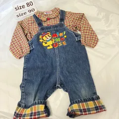 373ミキハウスmikihouse8090size オーバーオールチェックシャツセット