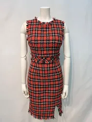 1630 JEWELS ジュエルズ　キャバクラ　ドレス　ツイード　チェック　ミディ　タイト　ノースリーブ　フリンジ　キャバドレス　S