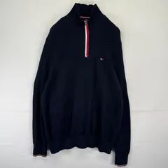 古着 トミーヒルフィガー TOMMY HILFIGER ニット ハーフジップ 大きいサイズ ワンポイントロゴ トレーナー XL  ネイビー メンズ