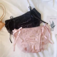 ショーツ レディース 下着 2枚セット 紐パン M ブラック ピンク 可愛い 女の子 リボン お洒落 通気性