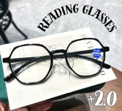2.0 老眼鏡メガネ眼鏡 黒縁 多角形おしゃれレトロ 大きめ大きい ブルーライト レディースメンズ人気軽量 シニアリーディンググラス40代50代 オシャレお洒落 女性男性pcメガネ UVカット パソコン用 四角ブラック 可愛いラウンドボストン シンプル めがね