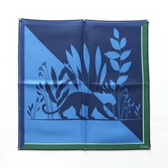 Cartier スカーフ ミニ ギフト パンサー シルク ブルー系 41.5cm ハンカチ ポケットチーフ パンテール 美品 未使用 箱付 カルティエ  ◆送料込◆質屋-11017