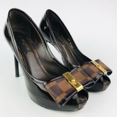 美品★LOUIS VUITTON・ルイヴィトン レディース レザー切替し ダミエ柄リボン メタルロゴ刻印 オープントゥ パンプス（34）