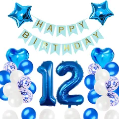 【特価】12歳誕生日 バルーン 風船 飾り付け セット ブルー 数字バルーン 12 HAPPY BIRTHDAYガーランド ハート風船 紙吹雪風船 バースデーバルーン 風船 男の子 女の子 祝い バースデー お祝い 飾り 記念日 部屋 撮影