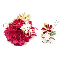 髪飾り 成人式 つまみ細工 赤 ゴールド 振袖 前撮り 袴 花 白 下がり 組紐 ビーズ 和柄 小さい 2点セット 着物 和装 かんざし No.9-5317