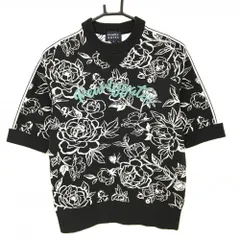 【超美品】パーリーゲイツ 半袖セーター 黒×白 花柄 韓国モデル さがら刺しゅうロゴ  レディース 2(L) ゴルフウェア PEARLY GATES