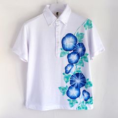 手描き青色朝顔ボタンダウンポロシャツ ホワイト 吸湿速乾ドライ生地 花柄
