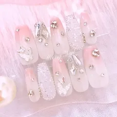 No.53オーダー♡量産型ワンホン韓国フレンチガーリースナ系ピクシー蝶々ジェルネイルチップ