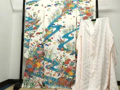 平和屋着物●豪華振袖・長襦袢セット　型染め　紅型　鴛鴦流水草花文　正絹　逸品　CAAU9758vf