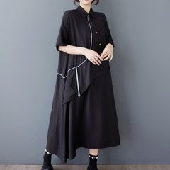 モード系  ブラック  デザイン  フラップ  ハーフスリーブ   Aラインミディシャツドレス