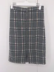 ◇ mysty woman ミスティウーマン チェック ウール フロントジップ 膝下丈 タイト スカート サイズ F グレー レディース E  【1304260017020】