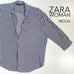 最終値下【ZARA WOMAN】ストライプ ブラウス ネイビー (七分袖)【MEX26】[E-066]